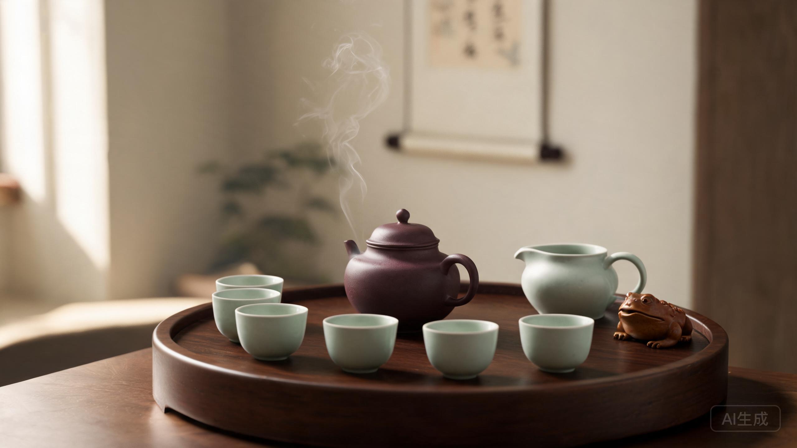 A gongfu tea setup on a wooden tray with a small purple-clay teapot, tiny celadon cups, a fairness pitcher, and a small tea pet figurine
