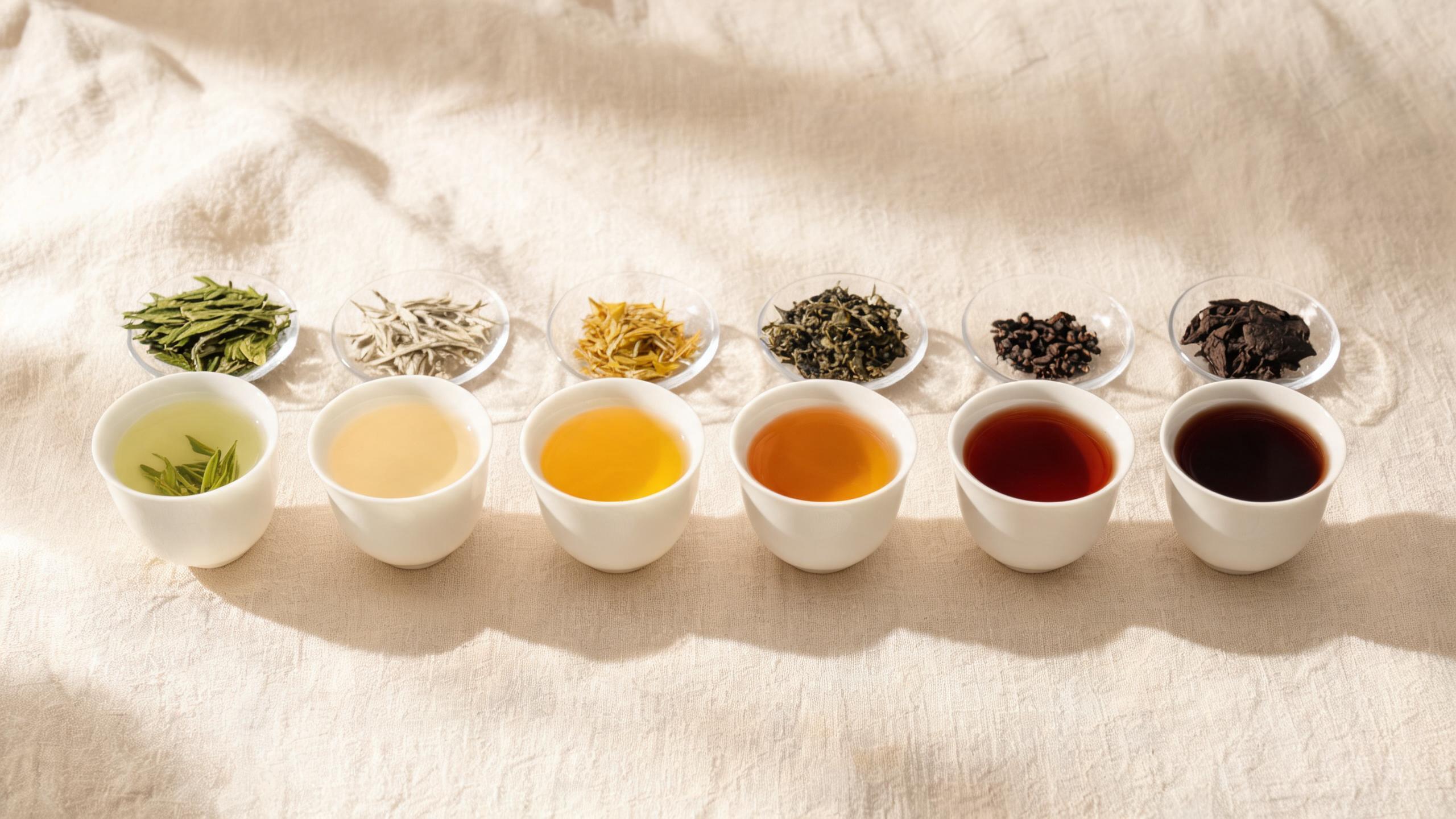 Six types of Chinese tea — green, white, yellow, oolong, black, and dark/pu'er — shown in cups with dry leaves behind each