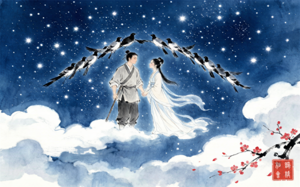 Watercolor painting of the Cowherd and Weaver Girl meeting on a bridge of magpies under the stars, with a cinnabar seal reading Que Qiao Xiang Hui