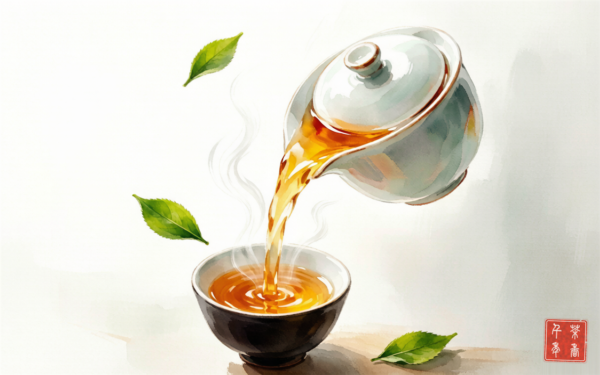 Loose tea pouring from a gaiwan into a bowl with rising steam, with a cinnabar seal reading Cha Xiang Qian Nian