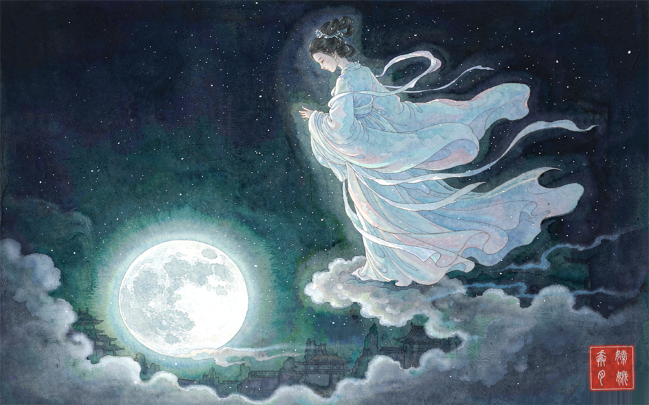 An illustration of Chang'e, the Chinese moon goddess, drifting toward a full moon