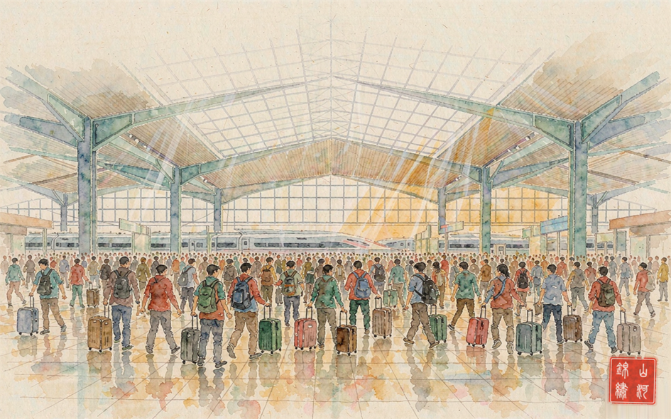 Travelers with luggage crossing a vast, crowded concourse in a Chinese railway station