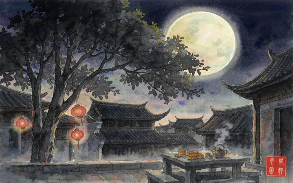 A full moon over a table set with mooncakes and tea
