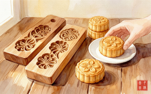 Traditional wooden mooncake molds with carved floral patterns beside finished mooncakes, with a cinnabar seal reading Yue Man Tuan Yuan