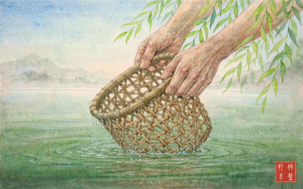 A watercolor painting of hands lowering a woven bamboo basket into a calm green river at dawn, water leaking between the strips, distant mountains