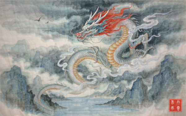 A serpentine Chinese dragon with antlers and flowing whiskers twisting through storm clouds as rain falls below