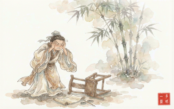 A playful watercolor illustration of an exasperated scholar in traditional robes facepalming beside an overturned chair, with a small bamboo grove behind